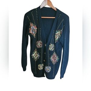 VINTAGE 80's Embellished Black Cardigan with Multicolor Beaded Medallions L
